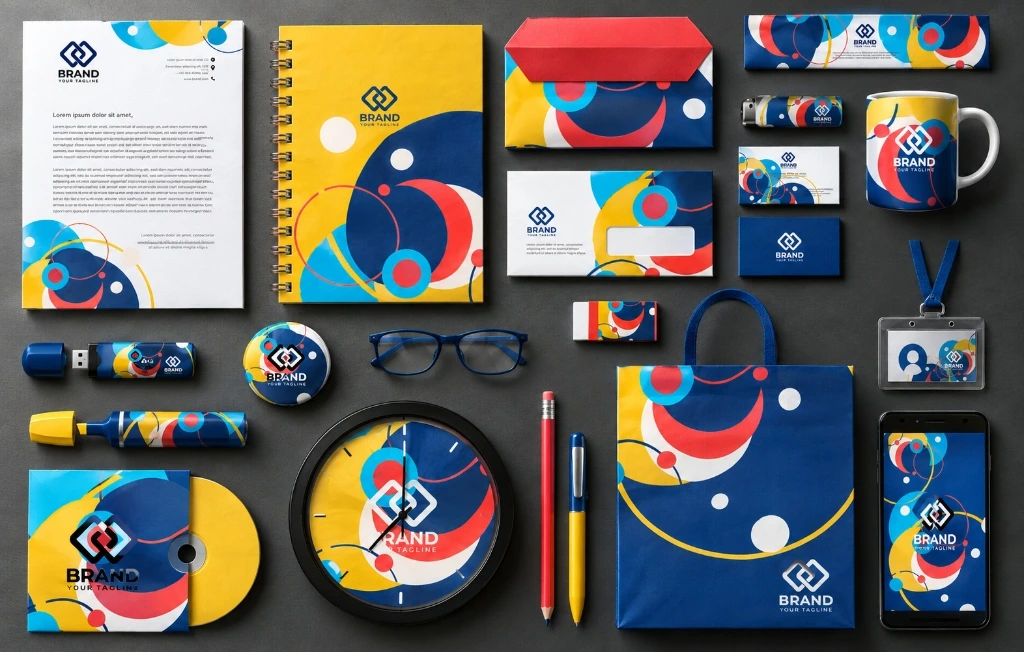 Set stationery warna-warni dari gambar pilihan: kop surat, buku catatan, amplop, kartu nama, mug, goodie bag, alat tulis, dan merchandise.